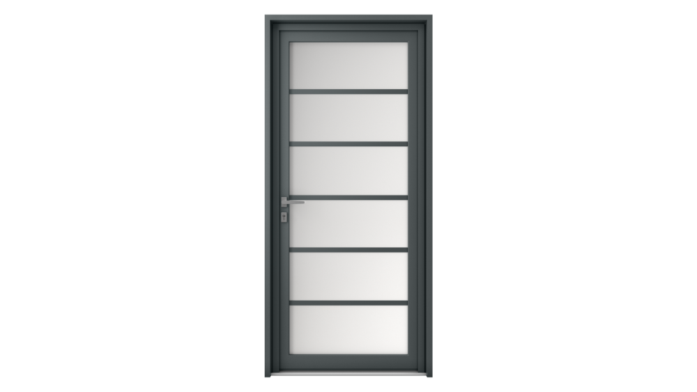 Porte d'entrée parclosé gamme lumière SALINA Porte d'entrée grise avec 6 grands rectangles vitrés le long de la porte